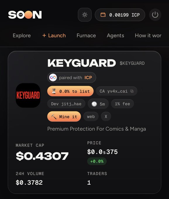 A screenshot of the SOON platform displays details for the 'KEYGUARD' token ($KEYGUARD), showing a market cap of $0.4307, price of $0.05375, and 24H volume of $0.3782.
