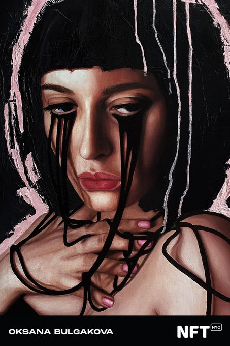 NFT artwork by Oksana Bulgakova displayed on NFT NYC, depicting a stylized portrait of a woman with dark hair, red lips, and black streaks resembling tears flowing from her eyes.