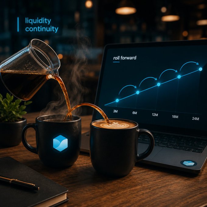 A stylized image showing coffee being poured into a black mug with a logo, next to a laptop displaying a "roll forward" chart with time intervals (3M, 6M, 12M, 18M, 24M) and text reading "liquidity continuity".
