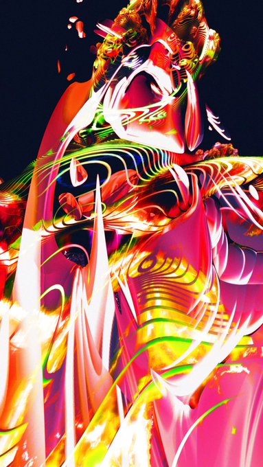 An abstract digital artwork features flowing, luminescent forms in vibrant pink, yellow, green, and white against a dark background, creating an ethereal, flame-like composition.