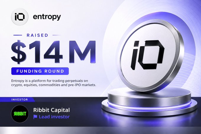 A promotional graphic for 'iQ entropy' announcing a $14M funding round, with Ribbit Capital listed as the lead investor.