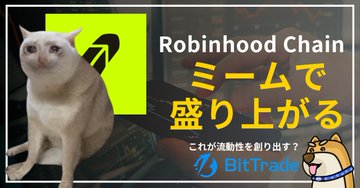 The image is a promotional graphic featuring a white cat alongside the text "Robinhood Chain" and Japanese text reading "ミームで盛り上がる" (meaning "getting excited about memes"), highlighting how Robinhood Chain is gaining attention through the meme token $CASHCAT rather than its original purpose as an RWA financial infrastructure.