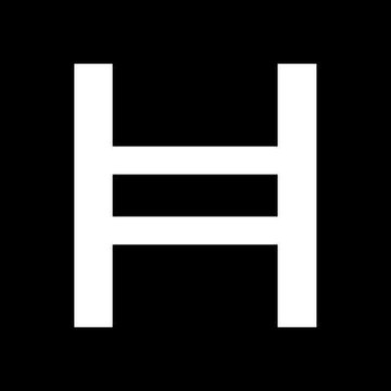 A black square with a large white letter 'H' in the center.