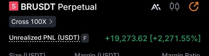 A trading interface screenshot showing a BRUSD/T Perpetual position with 100X cross leverage and an unrealized PNL of +19,273.62 (+2,271.55%) in green.