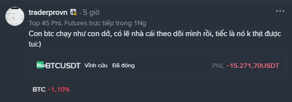 A Vietnamese-language social media post from 'traderpro.vn' showing a BTCUSDT trade with a PNL of -15,271.70 USDT.