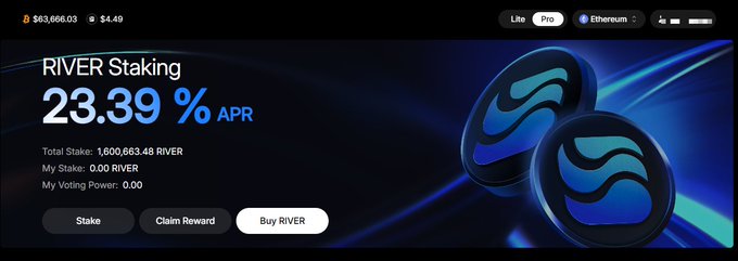 "RIVER STAKING" is displayed prominently at the top of a webpage, along with two blue coins in the middle of the frame. The image shows an online advertisement for a cryptocurrency called "River Staking." It suggests that participants are mispricing this particular cryptocurrency due to its recent drop from $86.96. This information could be valuable for those considering investing or trading in River Staking, as it provides insights into potential price movements and market sentiment surrounding the currency.