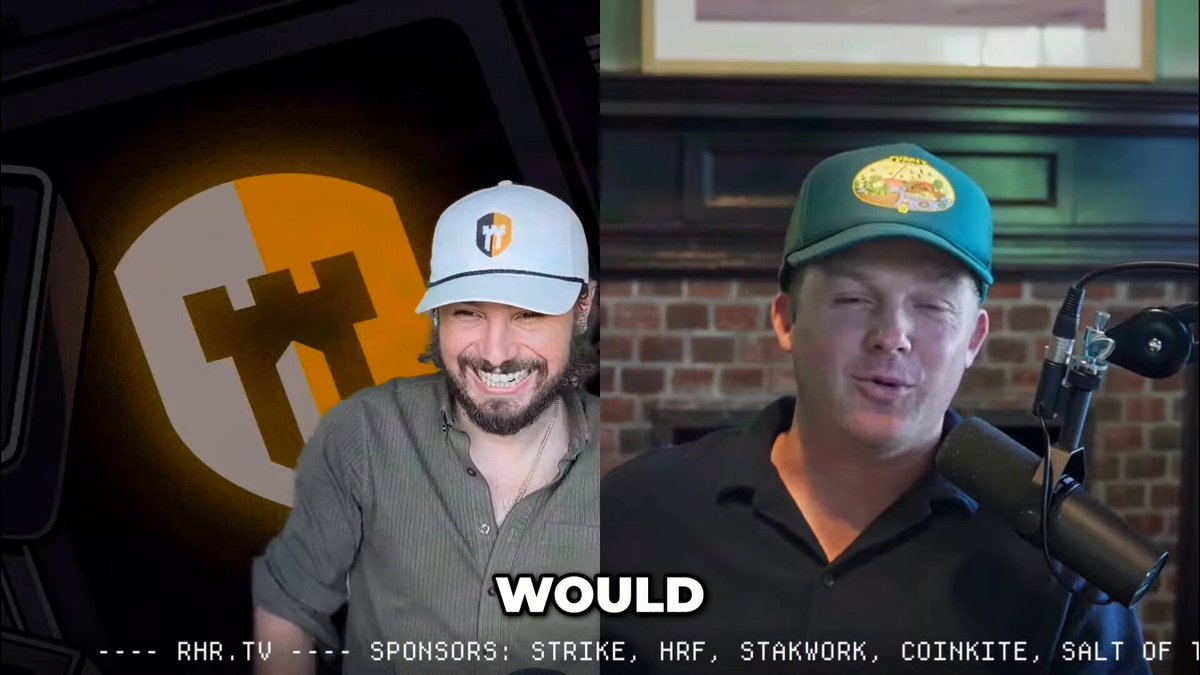 The image features two men sitting next to each other with one man wearing a gray hat and smiling while another man wears a green cap looking at something and speaking into a microphone, appearing to be hosting an interview or podcast session. The caption of the image is "How many people invested in something like MSTR that would have bought Bitcoin otherwise?" which seems to ask if Saylor's ownership of Bitcoin played any role in someone investing in Bitcoin. Additionally, it mentions that the post talks about the Bitcoin market and Saylor holding the Bitcoin, implying a discussion on Bitcoin and its impact on stock investments.