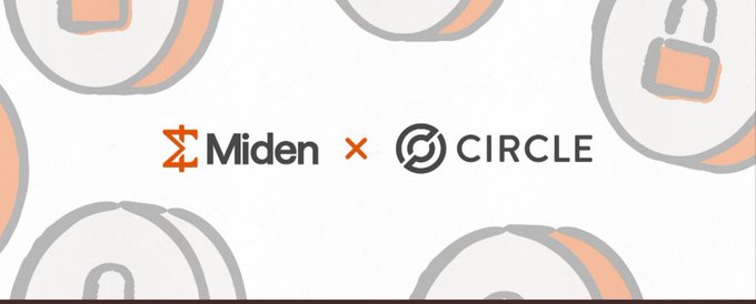A promotional graphic showing a partnership between Miden and Circle, indicated by their logos with an 'x' between them over a background of padlock icons.