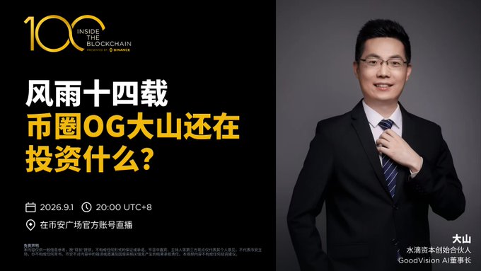 A promotional graphic for an 'Inside the Blockchain Magazine' event featuring a man in a suit, with Chinese text including '风雨十四载' and '币圈OG大山还在投资什么?' scheduled for 2026.9.1 at 20:00 UTC+8.