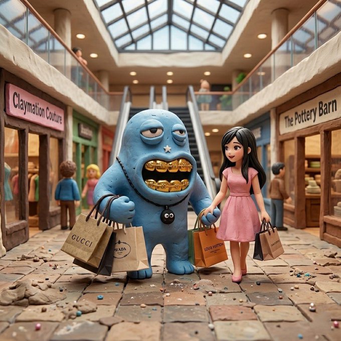 A blue claymation monster with golden grills and a black ball-and-chain necklace stands in a mall holding shopping bags labeled "GUCCI" and "PRADA," while a young woman in a pink dress holds hands with him carrying "LOUIS VUITTON" bags, set against storefronts reading "Claymation Couture" and "The Pottery Barn."

The image humorously relates to the t00ns mint announcement by depicting an unlikely pair "shopping" at a mall with high-end designer purchases, symbolizing the excitement and readiness to splurge on the upcoming NFT drop.
