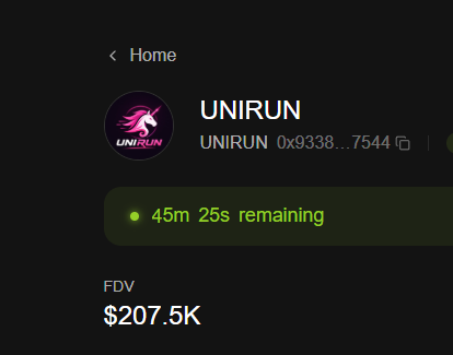 A UNIRUN token page shows a $207.5K FDV with 45m 25s remaining on the countdown, consistent with the post highlighting "+200k FDV $UNIRUN 1M CODED."