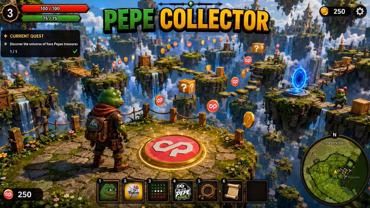 The image shows the trailer for a video game called "Pepe Collector" which features a man standing in front of a treasure chest with a map surrounding him, possibly located at an island or mountaintop. The overall theme suggests an adventure-themed game centered around exploration and treasure hunting.