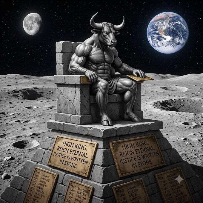 The image shows a muscular Minotaur seated on a stone throne on the lunar surface with Earth and the Moon in the background, holding a tablet inscribed with "HIGH KING, REIGN ETERNAL, JUSTICE IS WRITTEN IN STONE," surrounded by plaques listing trading tickers and years.

The post celebrates a "GOD CANDLE" breakout for $GIGABULL, and the Minotaur imagery fits the bullish "ruler of markets" theme, positioning the trader's conviction as a powerful king ready to "flip" the competitor $ANSEM with a monumental price surge.