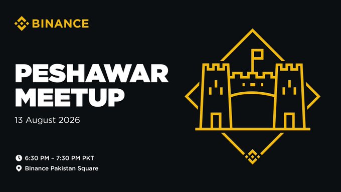 A Binance promotional graphic announcing the "Peshawar Meetup" on 13 August 2026 from 6:30 PM–7:30 PM PKT, featuring the Binance logo and a yellow line-art illustration of a fortress (representing the historic Bala Hissar) within a diamond frame. The image ties directly to the post's invitation for crypto enthusiasts to join the livestream on Binance Square.