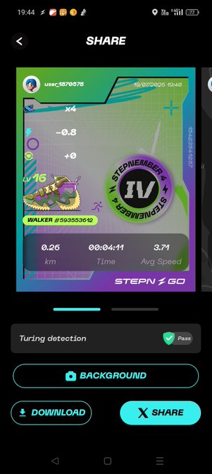 A smartphone screenshot of a STEPN GO share screen showing a STEPNIEAGER NFT running shoe (LV 16) with stats: 0.26 km, 00:04:41 time, and 3.71 avg speed, with "Turing detection: Pass."
