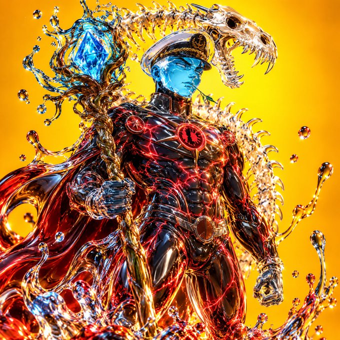 A fantasy illustration of a blue-skinned character in dark armor with red glowing accents, holding a staff topped with a blue crystal, surrounded by skeletal and liquid elements against a yellow background.