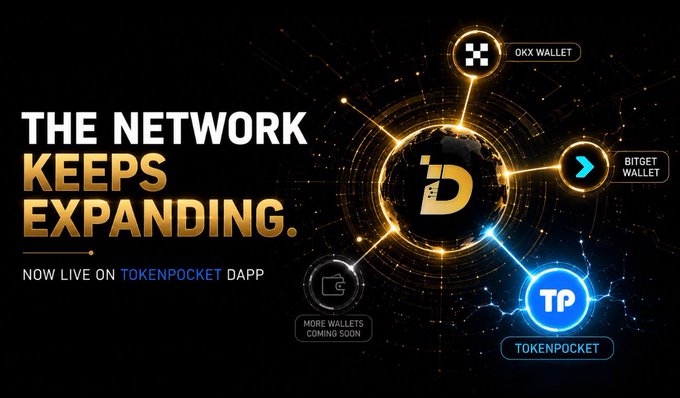 A sleek graphic against a black background declares "THE NETWORK KEEPS EXPANDING" with "NOW LIVE ON TOKENPOCKET DAPP," showcasing interconnected wallet logos including OKX Wallet, Bitget Wallet, and TokenPocket orbiting a central "D" emblem—visually reinforcing the post's announcement of DI's expanded accessibility through TokenPocket and its growing multi-wallet ecosystem.