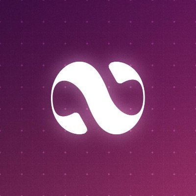 A white stylized infinity-like symbol logo glowing against a purple background with a dotted pattern.