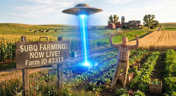 A farmer joyfully raises his fists beside a glowing UFO tractor beam descending onto his crops, with a sign reading "**$UBQ FARMING: NOW LIVE! Farm ID #2313**" — visually capturing the launch of the UBQ liquidity farming program on Alcor Exchange as advertised in the post.