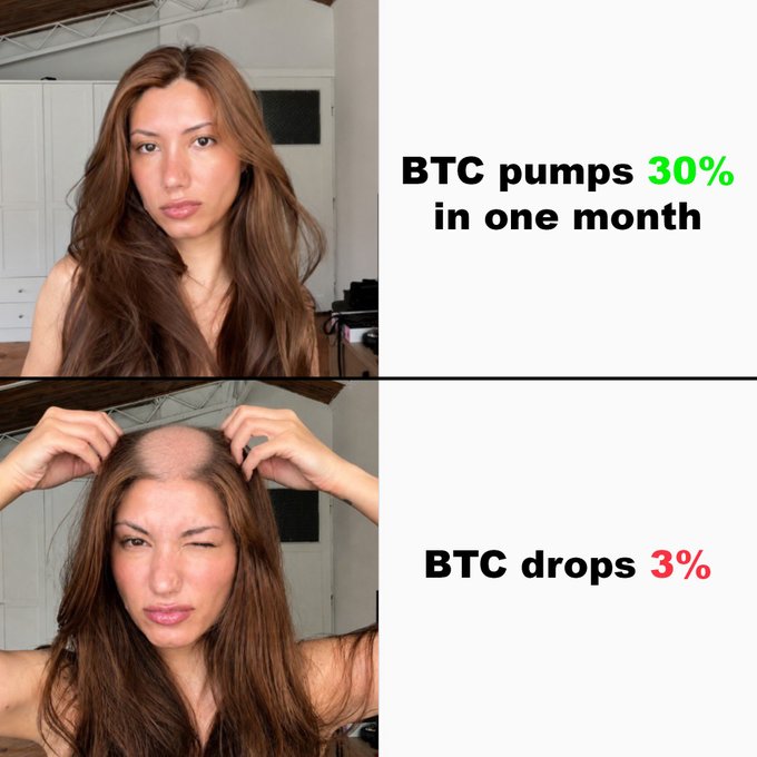 A two-panel meme showing a woman with full hair next to text 'BTC pumps 30% in one month', and the same woman showing a receding hairline next to 'BTC drops 3%'.