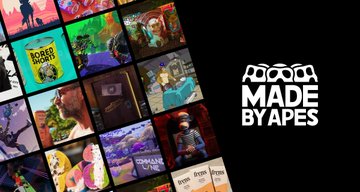 A promotional image with the logo 'MADE BY APES' next to a grid of colorful cartoon-style digital art thumbnails on a black background.