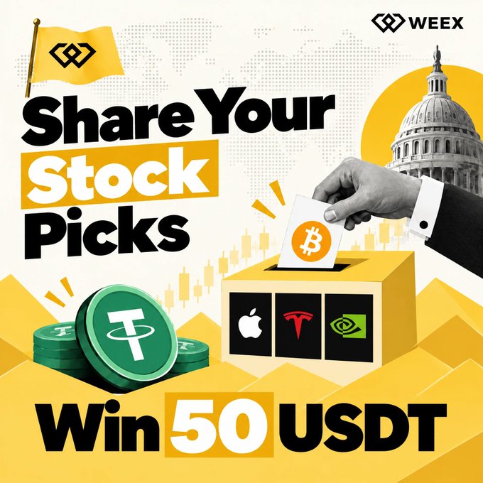 Promotional graphic for WEEX with the text 'Share Your Stock Picks', showing a hand inserting a Bitcoin card into a box with Apple, Tesla, and NVIDIA logos, alongside a Tether coin, and 'Win 50 USDT'.