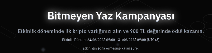 The image is a promotional banner for the "Bitmeyen Yaz Kampanyası" (Endless Summer Campaign) by BinanceTR, offering a 900 TL reward to new users who make their first crypto purchase during the event period of 24/08/2026 to 31/08/2026. The Turkish text translates to encouraging newcomers to claim their first crypto asset and win a 900 TL prize, aligning with the post's announcement about a special campaign for those who haven't traded on BinanceTR yet.