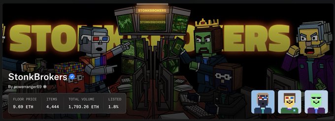 A pixel-art banner for the NFT collection "StonkBrokers" by poweranger69 displays stats including a floor price of 5.69 ETH, 4,444 items, and a total volume of 1,793.26 ETH, alongside characters resembling stock traders, fitting the post's lament about missing out on the $STONKBROKER drop.