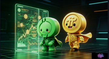 A green Pi character and a golden CiDi mascot stand together in a futuristic setting, with the Pi figure next to a glowing transparent screen displaying financial charts and graphs, visually representing CiDi Games' transparent economic model on the Pi Network.