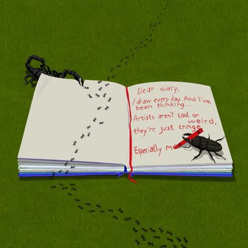 The image features an open book with a red pen inside, which has been used as a bookmark by a black ant. The ant's footprints are visible around the book, indicating its movement through the scene. The text "Dear diary" written on the book suggests that someone is writing about their experiences or thoughts in this particular moment.