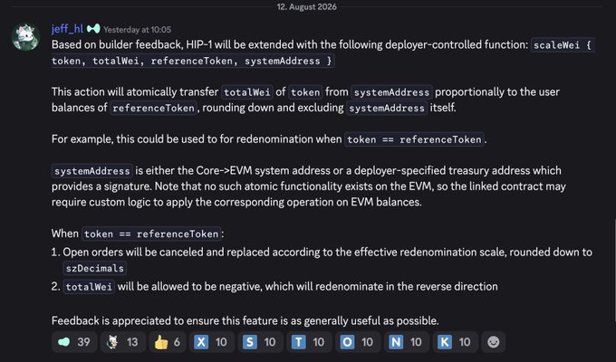Discord message from jeff_zk dated 12 August 2026 proposing a deployer-controlled function `scaleWei(token, totalWei, referenceToken, systemAddress)` for HIP-1 builder feedback, detailing its use for redenomination.