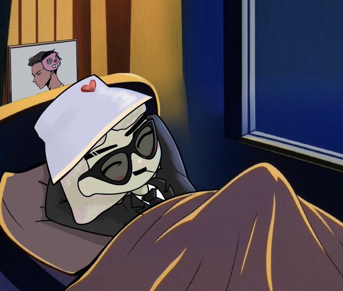 A cartoon character wearing a nurse's cap and glasses lies in a bed under a blanket, accompanied by a framed picture of a man with a pink mask on his shoulder. The image visually represents "the dream" mentioned in the caption, framing the character's restful state as a metaphor for perseverance.