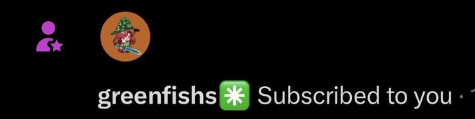 The image shows a YouTube subscription notification from "greenfishs," featuring a cartoon avatar of a character wearing a green hat and mask while holding a sword, alongside a notification stating "Subscribed to you." This aligns with the post, which gives a shoutout to @greenfisheth for subscribing and welcoming them to the community.