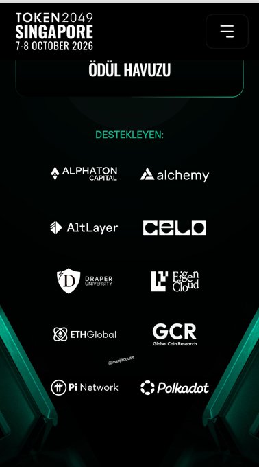 Promotional graphic for Token 2049 Singapore (7-8 October 2026) showing an 'ÖDÜL HAVUZU' (Prize Pool) section with supporting partners including Alphalayer Capital, Alchemy, AltLayer, Celo, Draper University, Eigen Cloud, ETHGlobal, Global Coin Research, orange@sgu, Pi Network, and Polkadot.