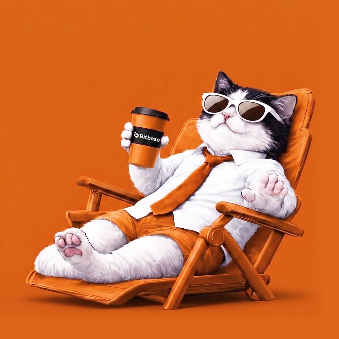 A relaxed cat wearing sunglasses lounges in an orange beach chair, casually holding a coffee cup branded with the "Bitbase" logo against a vibrant orange background—perfectly embodying the laid-back vibe of the "Stay chill with a crystal-clear market view" message promoting the next Crypto Cat on #Bitbase.