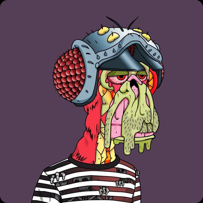 A cartoon illustration portrays a grotesque, zombie-like character with melting green skin, wearing a metal helmet and a striped prison shirt.