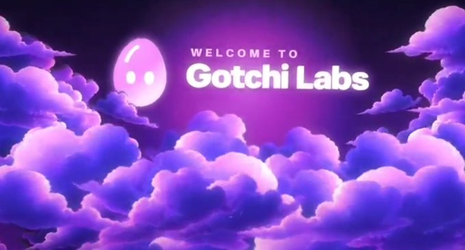 A dreamy promotional graphic with 'WELCOME TO Gotchi Labs' text displayed against a vibrant purple background filled with fluffy clouds, accompanied by a small purple mascot face.