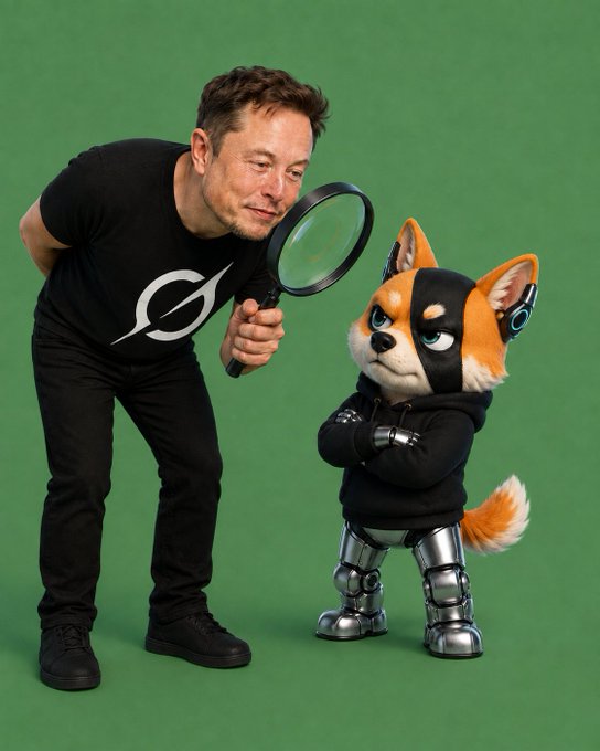 A 3D-rendered image shows a man resembling Elon Musk wearing a black t-shirt with a white 'Q' logo, peering through a magnifying glass at a small, robotic fox-like character with orange and black fur and metallic legs against a green background.