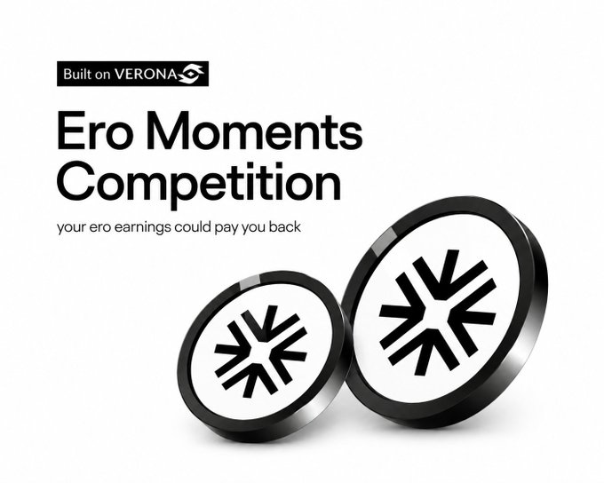Promotional graphic for the 'Ero Moments Competition' built on VERONA, featuring two black and white coin-like tokens with geometric logos and the tagline 'your ero earnings could pay you back.'