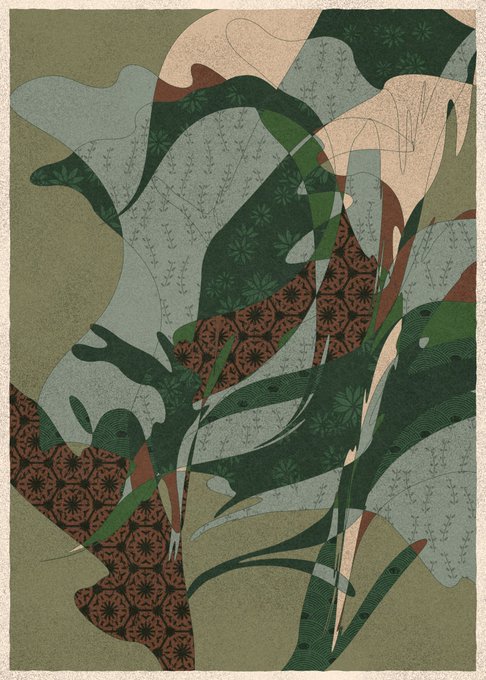 Abstract botanical artwork featuring overlapping leaf and plant forms in muted greens, sage, olive, cream, and reddish-brown tones with subtle patterns and textures.