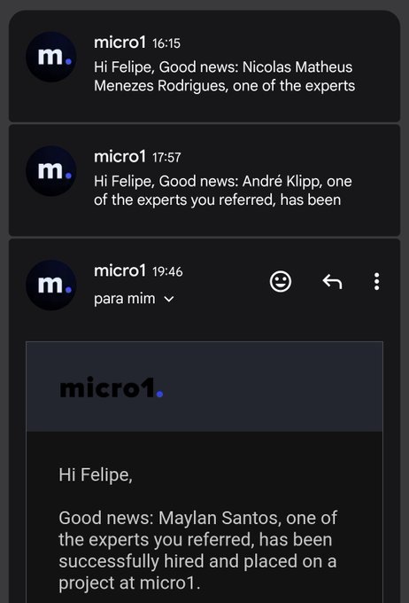 A screenshot of messages from micro1 to Felipe, notifying him that referred experts including Nicolas Matheus Menezes Rodrigues, André Klipp, and Maylan Santos have been successfully hired.