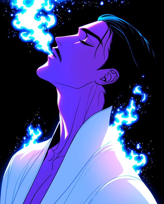 An anime-style illustration of a man with long dark hair, wearing a white robe, breathing bright blue fire or energy upwards against a starry black background.