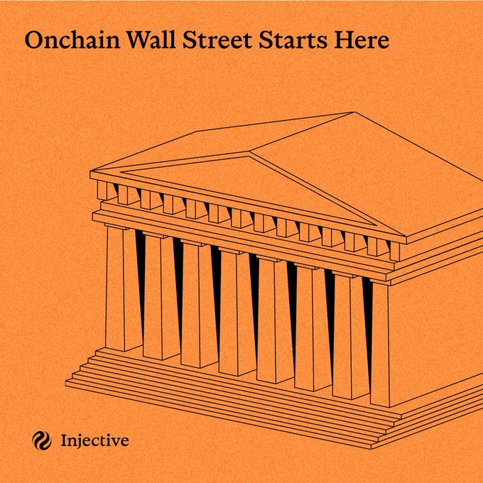 An Injective promotional image with an orange background featuring a line drawing of a Greek-style temple and the tagline 'Onchain Wall Street Starts Here'.