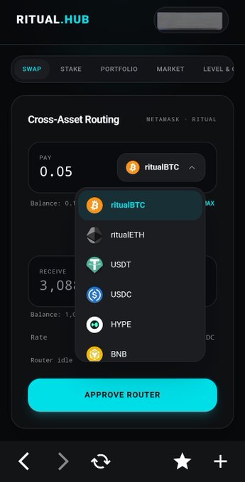 The image shows a detailed screenshot of an app called "ritual Hub" displayed on a smartphone screen, focused on the process of choosing among different cryptocurrencies for trading or investment purposes. The main screen of the app allows users to select from six available bitcoin coins and displays their details such as name, symbol, price, and circulating supply. There is also a button at the bottom allowing users to approve or change a routing for asset swapping. This suggests that the user's goal in testing this app would be to find the right combination of Bitcoin coins based on their personal trading preferences and strategies.