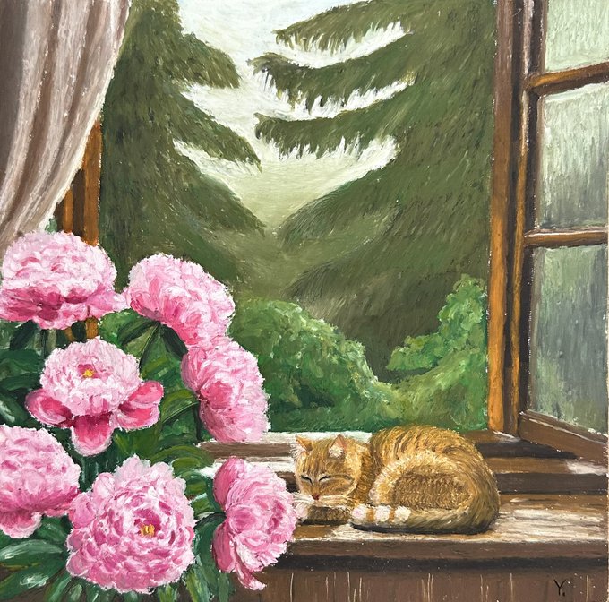 The image features a painting of a cat sleeping peacefully on a windowsill, with a vase full of pink flowers nearby. The painting has been done in an oil style, which gives it a realistic appearance. The artist's signature can be seen at the bottom right corner of the artwork. The post is about "Good morning Happy #TEZOSTUESDAY" and includes a link to the artist's website for more information or to view additional artworks.