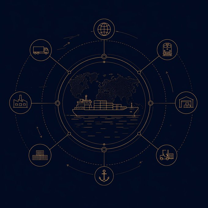 A dark navy background with gold line-art illustrations depicting global trade and logistics, featuring a central cargo ship over a world map connected to icons of a truck, train, factory, warehouse, forklift, anchor, and globe.