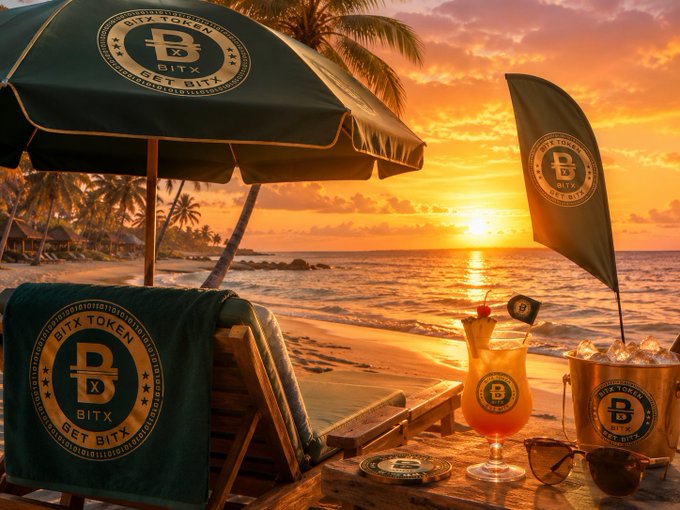 A tropical sunset beach scene branded with 'BITX TOKEN' logos on an umbrella, flag, towel, and drink coaster, alongside a tropical cocktail and ice bucket.