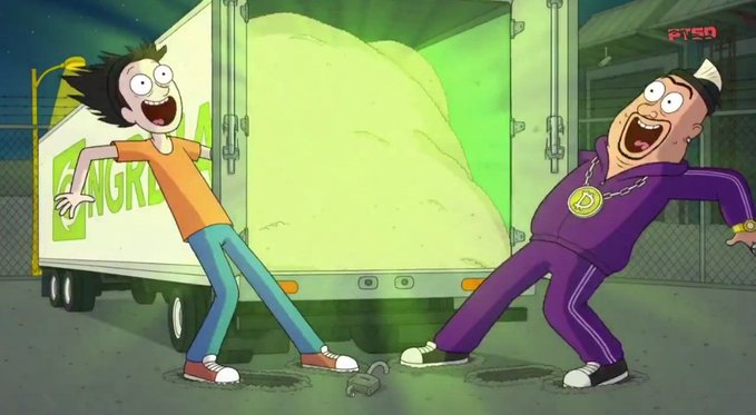 An animated scene shows two characters—one in an orange shirt and another in a purple tracksuit with a gold chain—cheering excitedly next to a truck carrying a large glowing green substance.