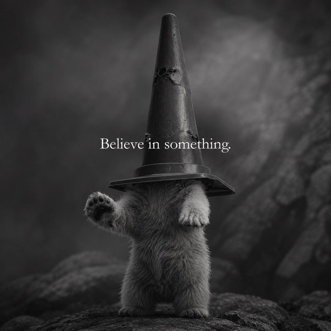 A black-and-white surreal image of a kitten standing on its hind legs wearing a tall pointed wizard hat, with the text 'Believe in something.' overlaid.