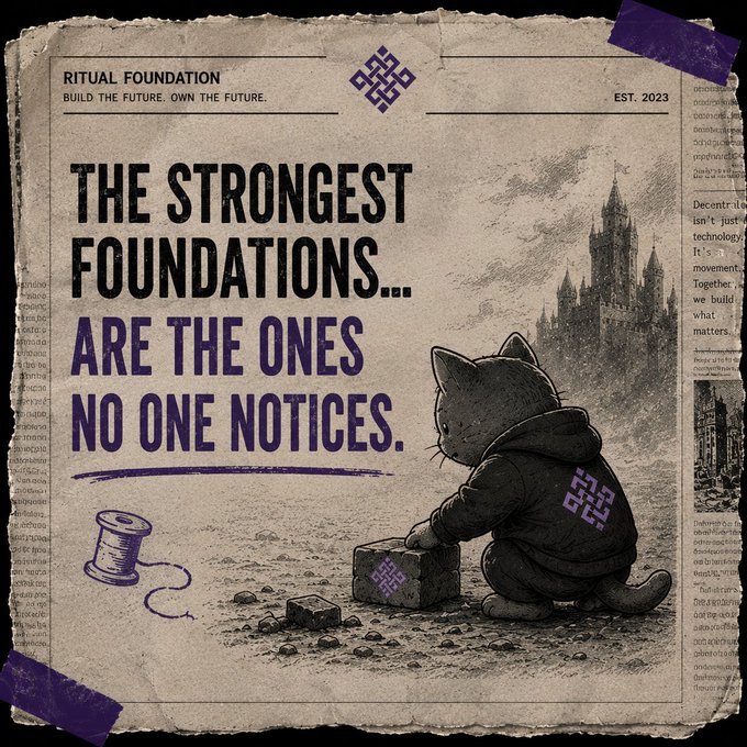 A newspaper-style poster for 'Ritual Foundation' featuring the text 'BUILD THE FUTURE. OWN THE FUTURE.' and 'EST. 2023'. It shows a black cat in a hoodie building with bricks, with the bold headline 'THE STRONGEST FOUNDATIONS... ARE THE ONES NO ONE NOTICES.'